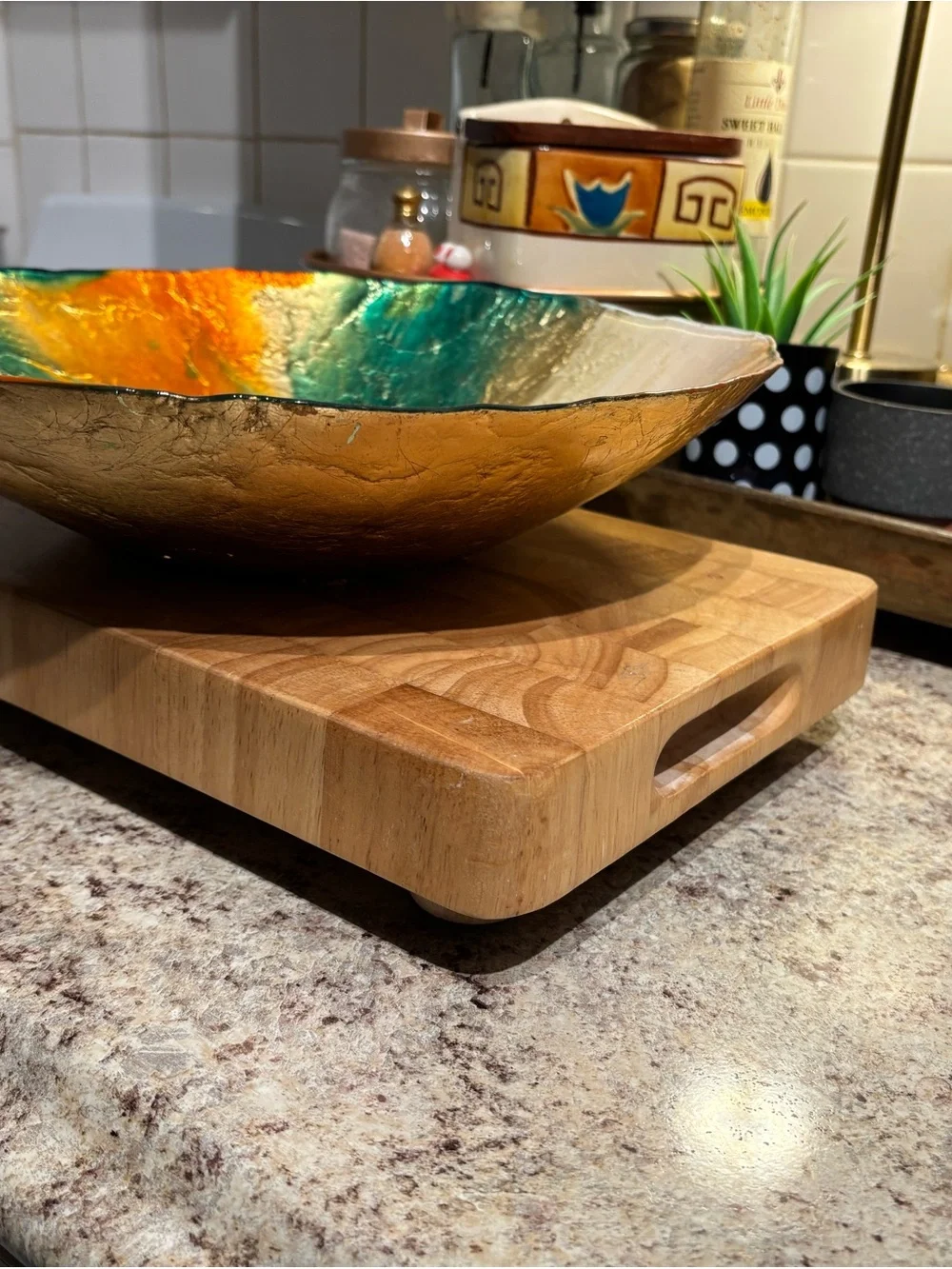 Decorative Multicolor Glass Serving Bowl - Green, Orange, Gold